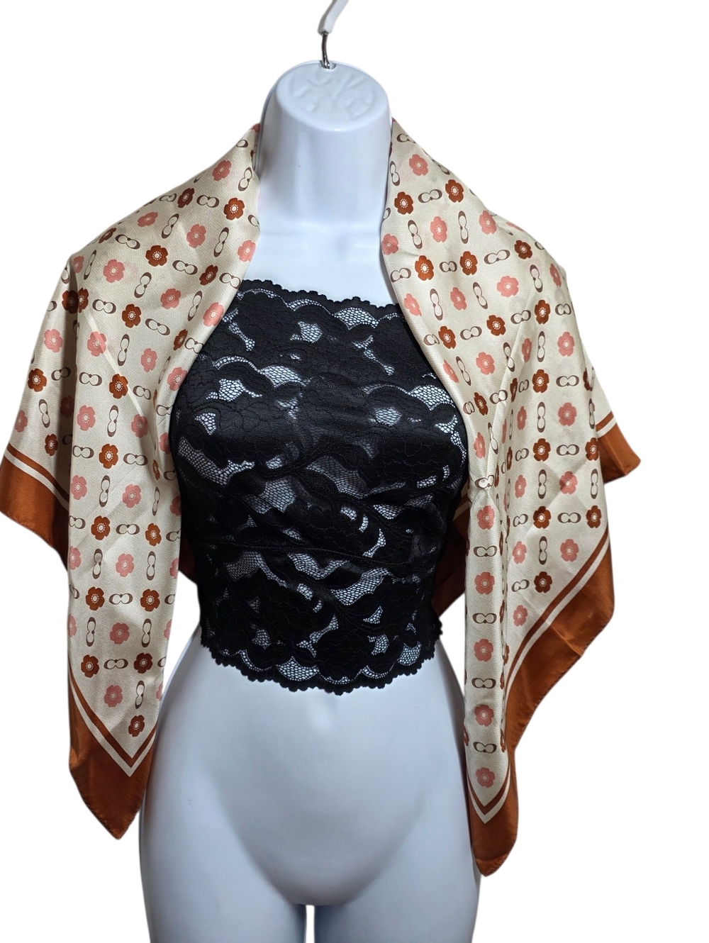 Coach Women's Scarf with Floral Print in Brown and Cream, Silk-Effect - Picture 4 of 13